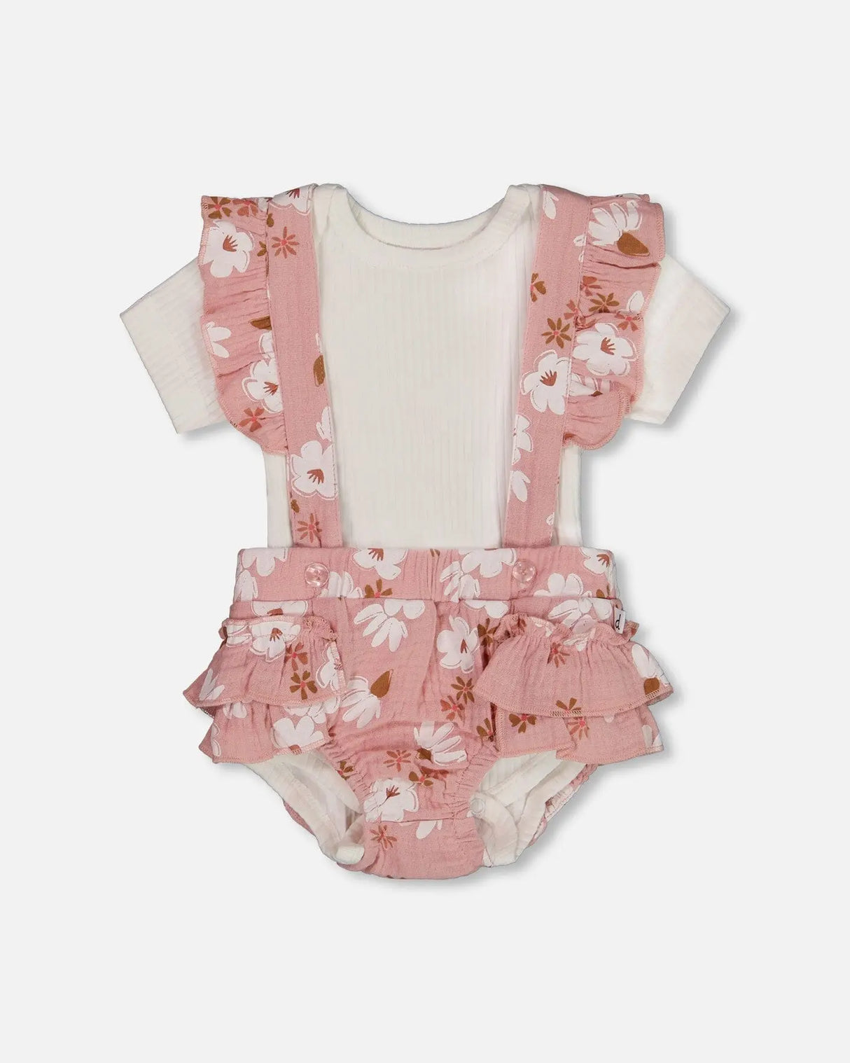 Printed Muslin Short And Organic Cotton Bodysuit Set Pink And White Flowers | Deux par Deux | Jenni Kidz