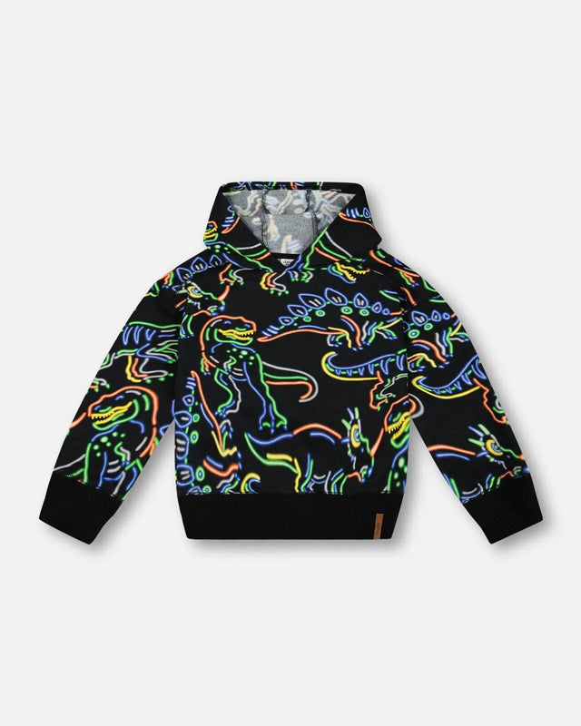 Printed Neon Dino Fleece Hooded Sweatshirt Black | Deux par Deux | Jenni Kidz