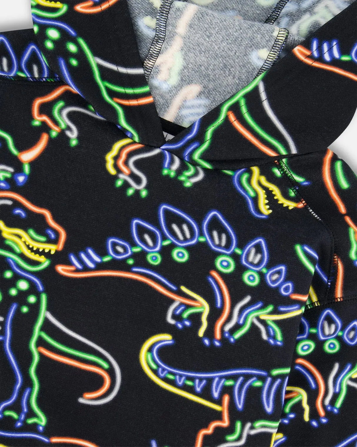 Printed Neon Dino Fleece Hooded Sweatshirt Black | Deux par Deux | Jenni Kidz