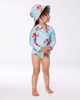 Printed One-Piece Rashguard With Frills Turquoise And Pink Flowers | Deux par Deux | Jenni Kidz