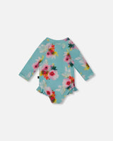 Printed One-Piece Rashguard With Frills Turquoise And Pink Flowers | Deux par Deux | Jenni Kidz