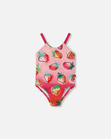 Printed One-Piece Swimsuit Pink Gradient Strawberry | Deux par Deux | Jenni Kidz