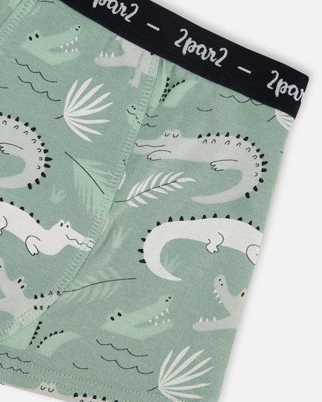 Printed Organic Cotton Boxer Shorts Light Sage And Gray Crocodile | Deux par Deux | Jenni Kidz