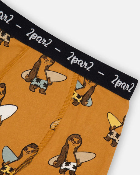 Printed Organic Cotton Boxer Shorts Sloths On Tan Background | Deux par Deux | Jenni Kidz