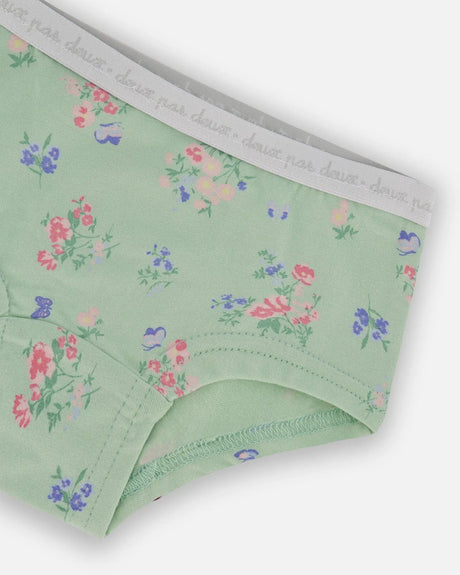 Printed Organic Cotton Boyshort Panty Small Pink And Blue Flowers On Light Sage | Deux par Deux | Jenni Kidz