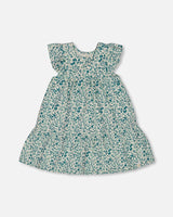 Printed Organic Cotton Dress Small Turquoise Flowers | Deux par Deux | Jenni Kidz