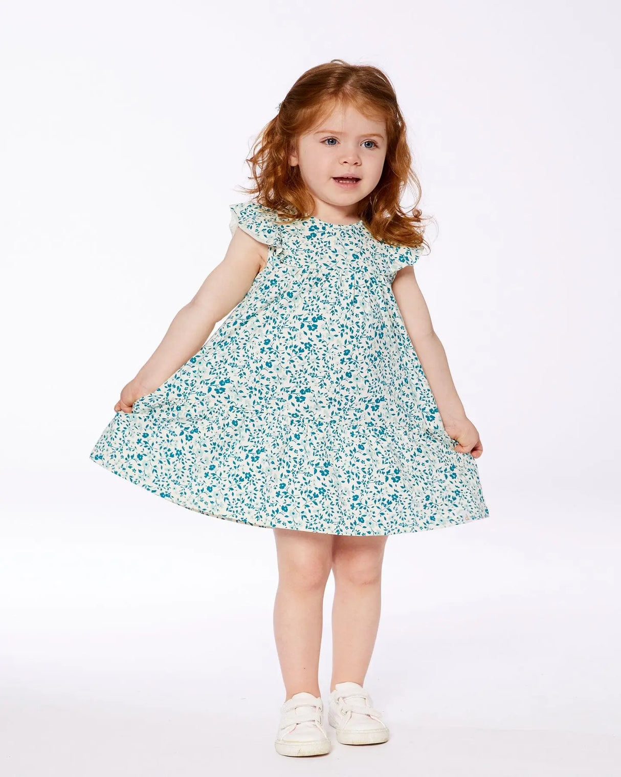 Printed Organic Cotton Dress Small Turquoise Flowers | Deux par Deux | Jenni Kidz