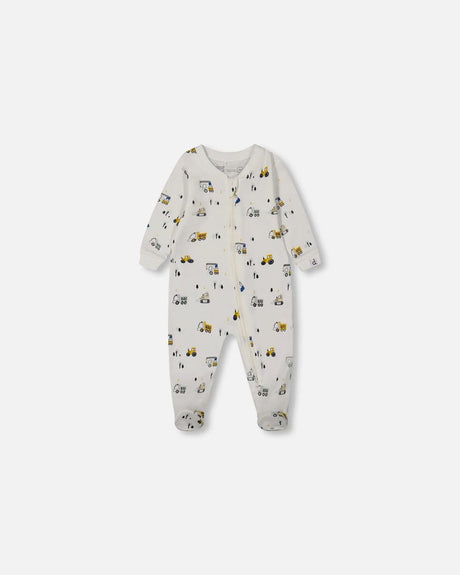 Printed Organic Cotton One-Piece Pajama Off-White And Multi Truck | Deux par Deux | Jenni Kidz