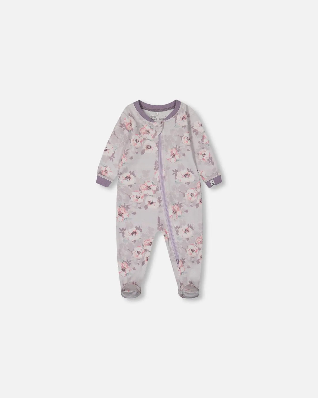 Printed Organic Cotton One-Piece Pajama Pale Pink Flowers On Neutral Lilac | Deux par Deux | Jenni Kidz