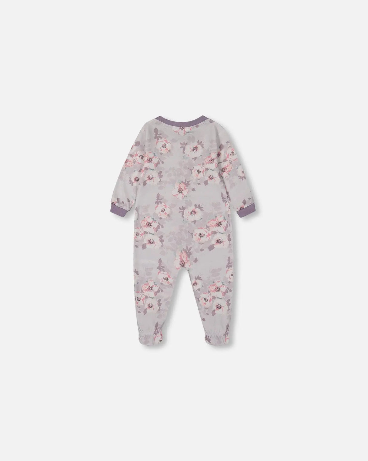 Printed Organic Cotton One-Piece Pajama Pale Pink Flowers On Neutral Lilac | Deux par Deux | Jenni Kidz