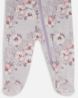 Printed Organic Cotton One-Piece Pajama Pale Pink Flowers On Neutral Lilac | Deux par Deux | Jenni Kidz