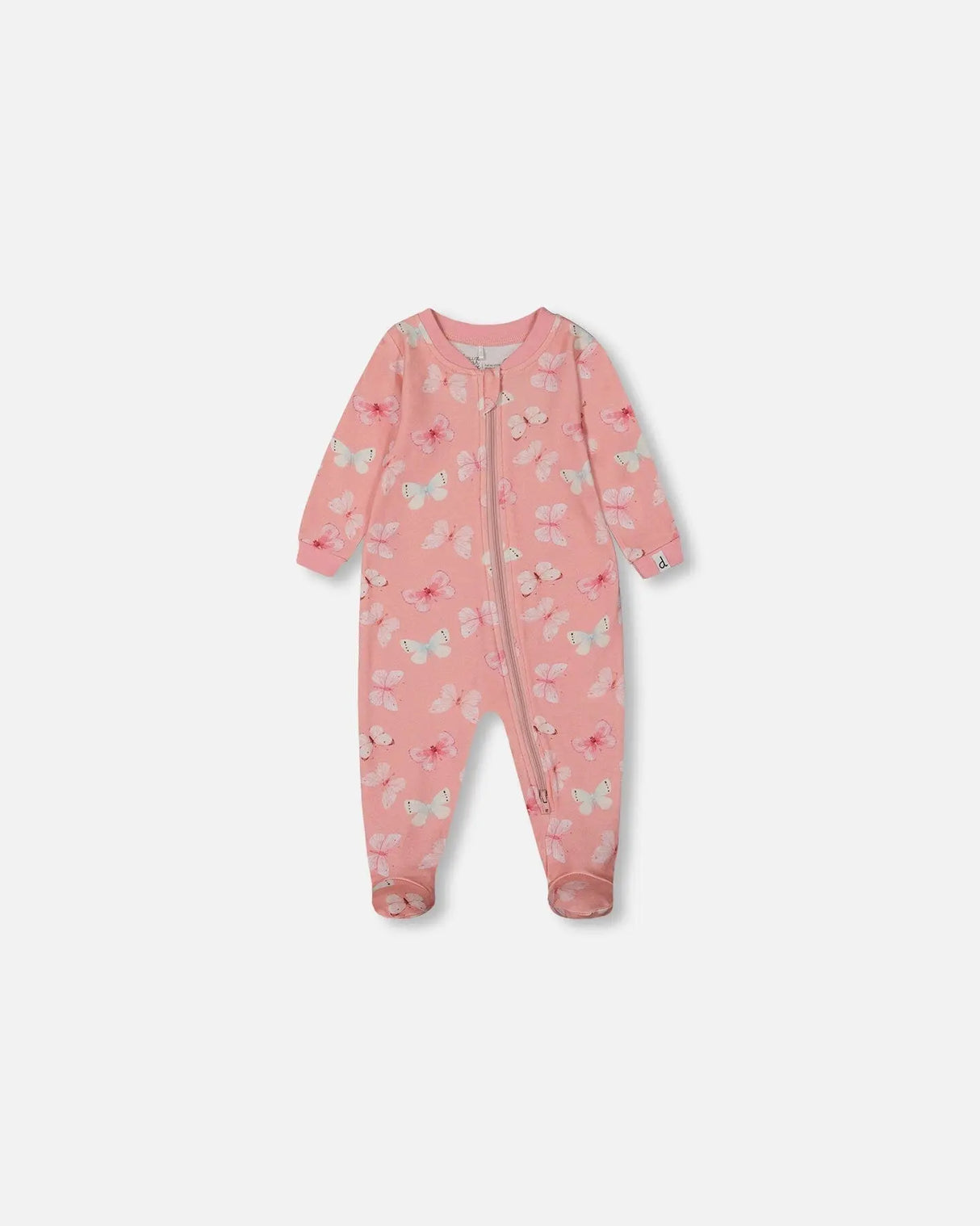 Printed Organic Cotton One-Piece Pajama Pink And Blue Butterflies On Old Pink | Deux par Deux | Jenni Kidz