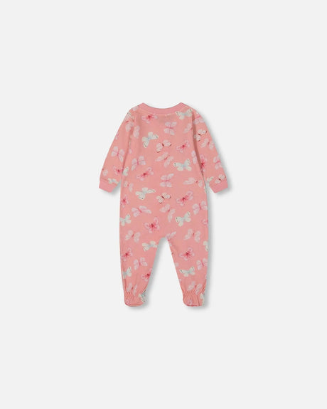 Printed Organic Cotton One-Piece Pajama Pink And Blue Butterflies On Old Pink | Deux par Deux | Jenni Kidz