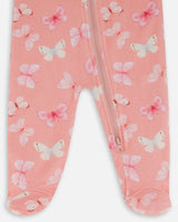 Printed Organic Cotton One-Piece Pajama Pink And Blue Butterflies On Old Pink | Deux par Deux | Jenni Kidz