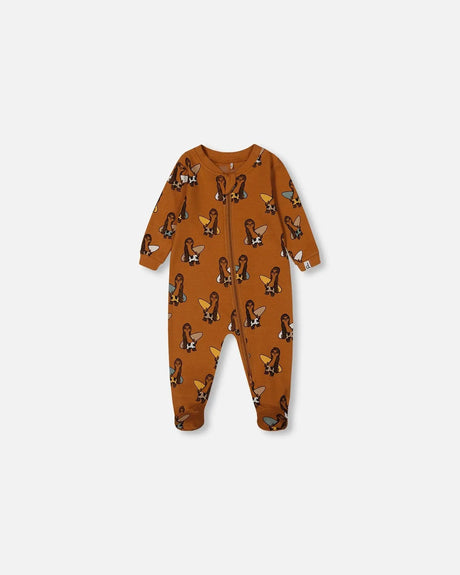 Printed Organic Cotton One-Piece Pajama Sloths On Tan Background | Deux par Deux | Jenni Kidz