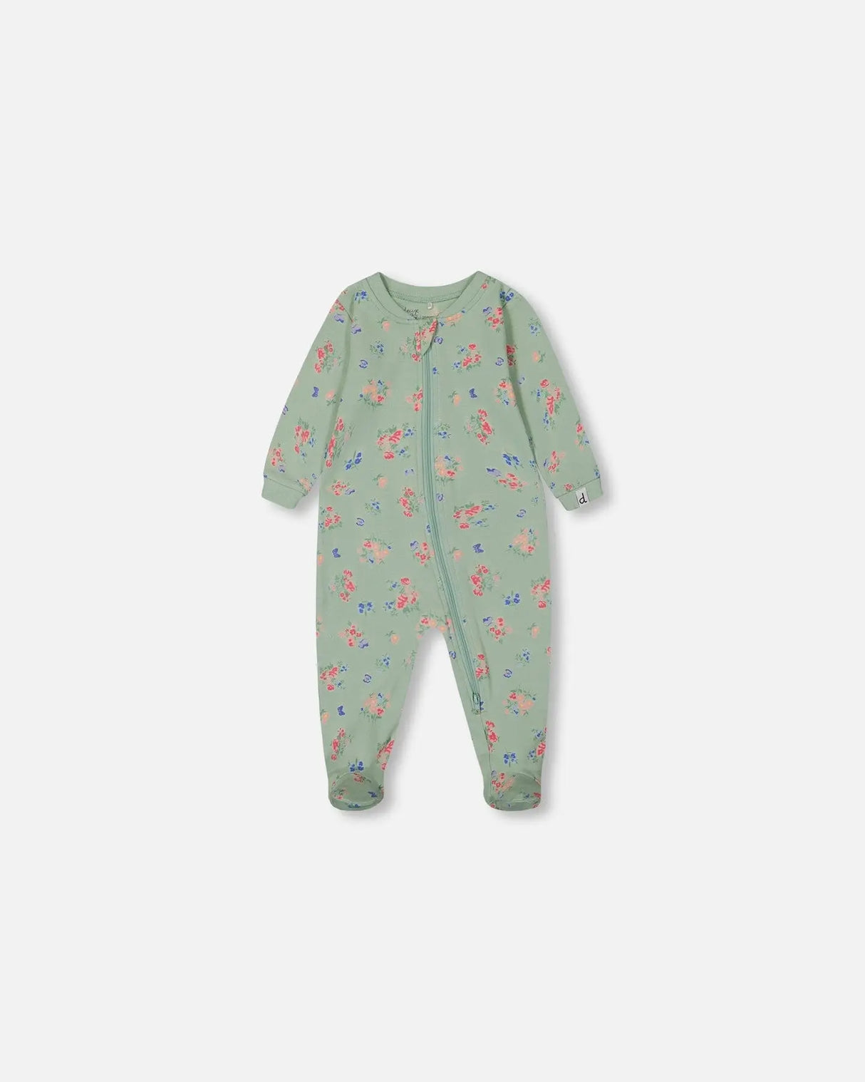 Printed Organic Cotton One-Piece Pajama Small Pink And Blue Flowers On Light Sage | Deux par Deux | Jenni Kidz