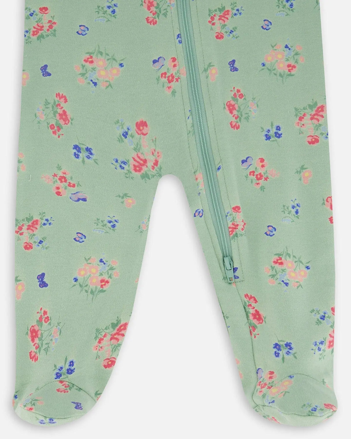 Printed Organic Cotton One-Piece Pajama Small Pink And Blue Flowers On Light Sage | Deux par Deux | Jenni Kidz