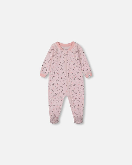 Printed Organic Cotton One-Piece Pajama Small Pink Flowers On Pale Pink Background | Deux par Deux | Jenni Kidz