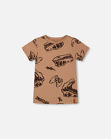 Printed Organic Cotton Tee Beige And Black Dinos | Deux par Deux | Jenni Kidz