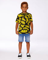 Printed Organic Cotton Tee Black And Yellow Smile | Deux par Deux | Jenni Kidz