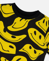 Printed Organic Cotton Tee Black And Yellow Smile | Deux par Deux | Jenni Kidz