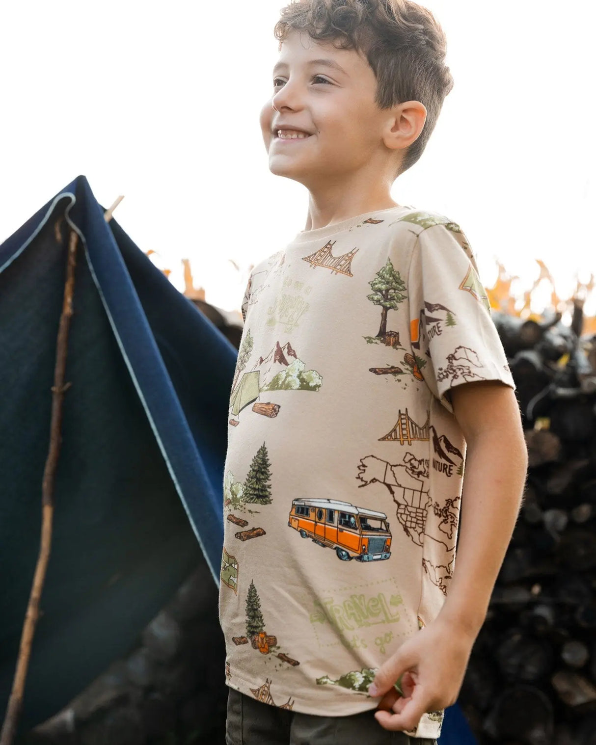 Printed Organic Cotton Tee Camping Beige | Deux par Deux | Jenni Kidz