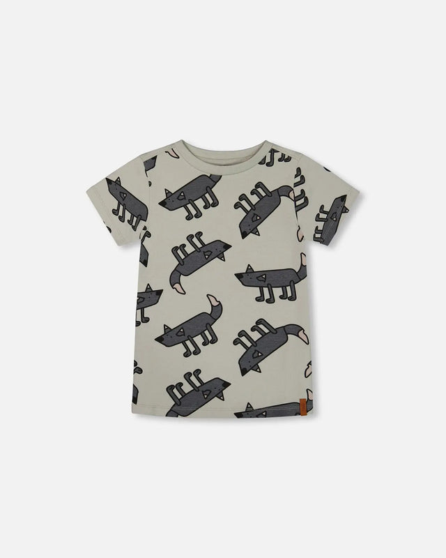 Printed Organic Cotton Tee Gray Wolf On Teal Background | Deux par Deux | Jenni Kidz