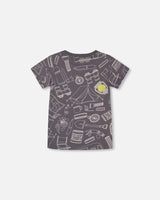 Printed Organic Cotton Tee Grayish Blue And Camping | Deux par Deux | Jenni Kidz