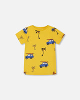 Printed Organic Cotton Tee Yellow And Blue Car | Deux par Deux | Jenni Kidz