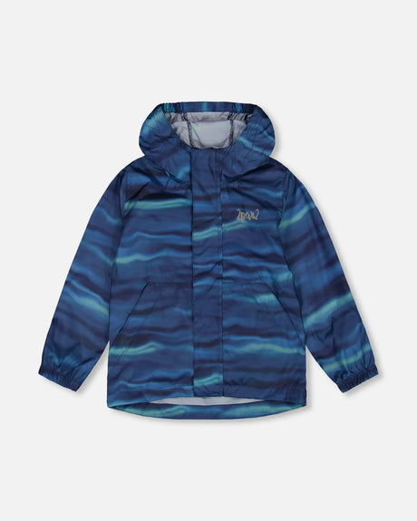 Printed Packable Windbreaker Blue Wave And Black | Deux par Deux | Jenni Kidz