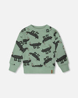 Printed Pullover French Terry Sweatshirt Gray Wolf On Teal Background | Deux par Deux | Jenni Kidz