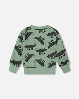 Printed Pullover French Terry Sweatshirt Gray Wolf On Teal Background | Deux par Deux | Jenni Kidz