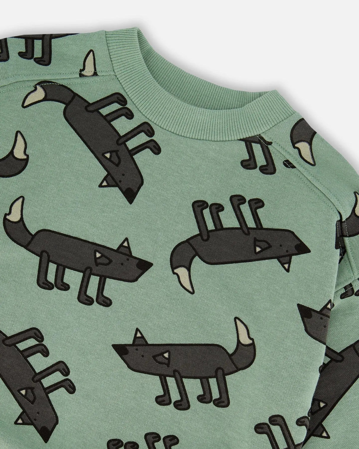 Printed Pullover French Terry Sweatshirt Gray Wolf On Teal Background | Deux par Deux | Jenni Kidz