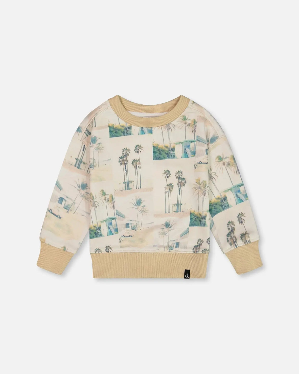 Printed Pullover Sweatshirt Beige Palm Tree And Teal | Deux par Deux | Jenni Kidz