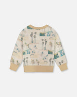 Printed Pullover Sweatshirt Beige Palm Tree And Teal | Deux par Deux | Jenni Kidz