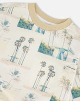 Printed Pullover Sweatshirt Beige Palm Tree And Teal | Deux par Deux | Jenni Kidz