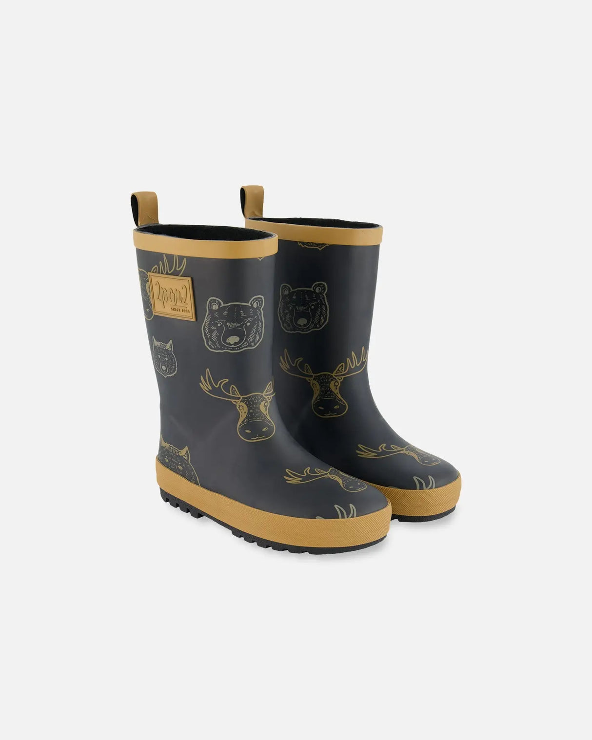 Printed Rain Boots Beige Animals On Black Background | Deux par Deux | Jenni Kidz