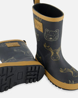 Printed Rain Boots Beige Animals On Black Background | Deux par Deux | Jenni Kidz