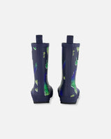 Printed Rain Boots Blue And Green Dino On Navy | Deux par Deux | Jenni Kidz