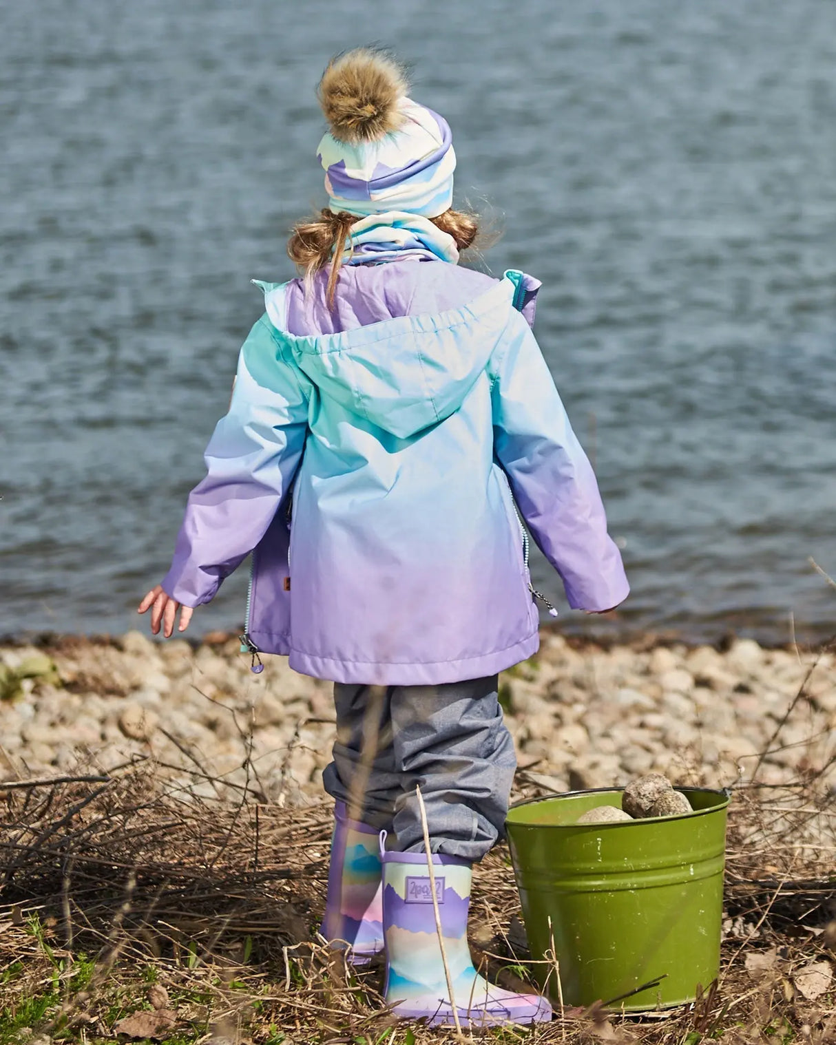 Printed Rain Boots Mauve And Blue, Pink Mountain | Deux par Deux | Jenni Kidz