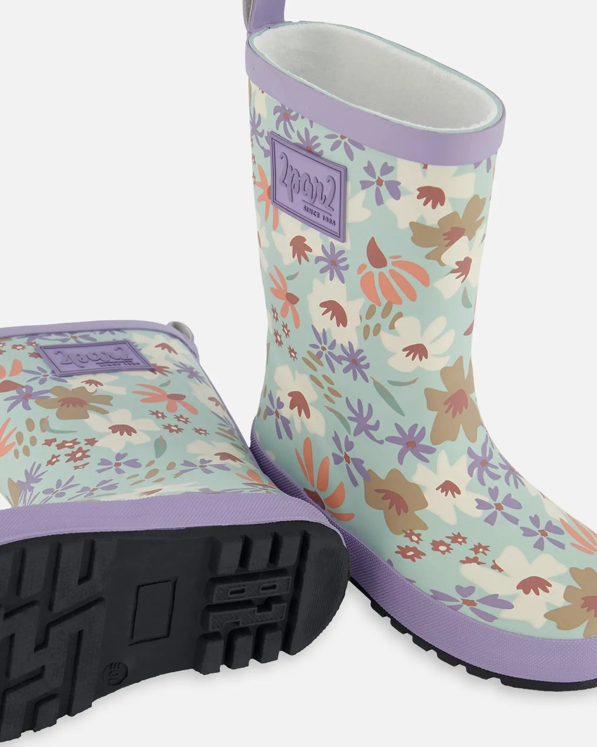 Printed Rain Boots Small White Flowers On Turquoise And Lilac | Deux par Deux | Jenni Kidz