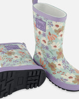 Printed Rain Boots Small White Flowers On Turquoise And Lilac | Deux par Deux | Jenni Kidz