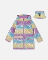 Printed Rain Coat With Hat Mauve Blue And Yellow Glitter Gradient | Deux par Deux | Jenni Kidz