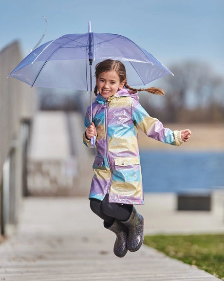 Printed Rain Coat With Hat Mauve Blue And Yellow Glitter Gradient | Deux par Deux | Jenni Kidz