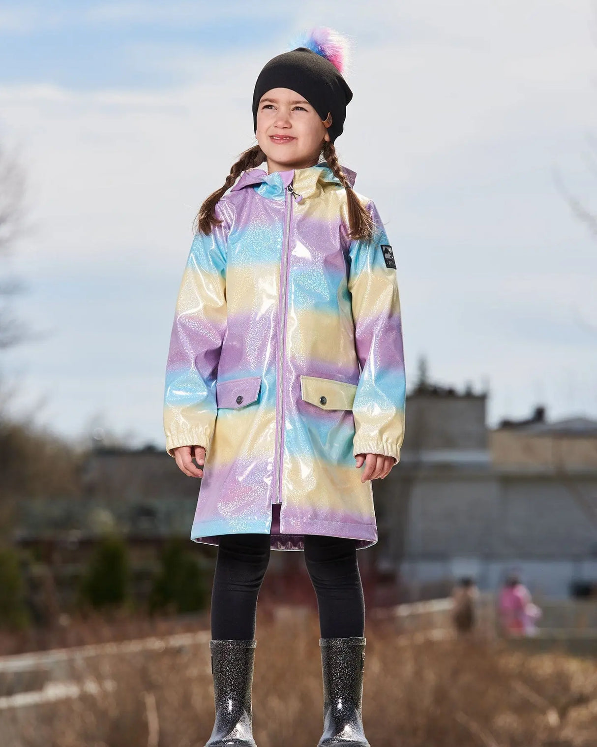 Printed Rain Coat With Hat Mauve Blue And Yellow Glitter Gradient | Deux par Deux | Jenni Kidz