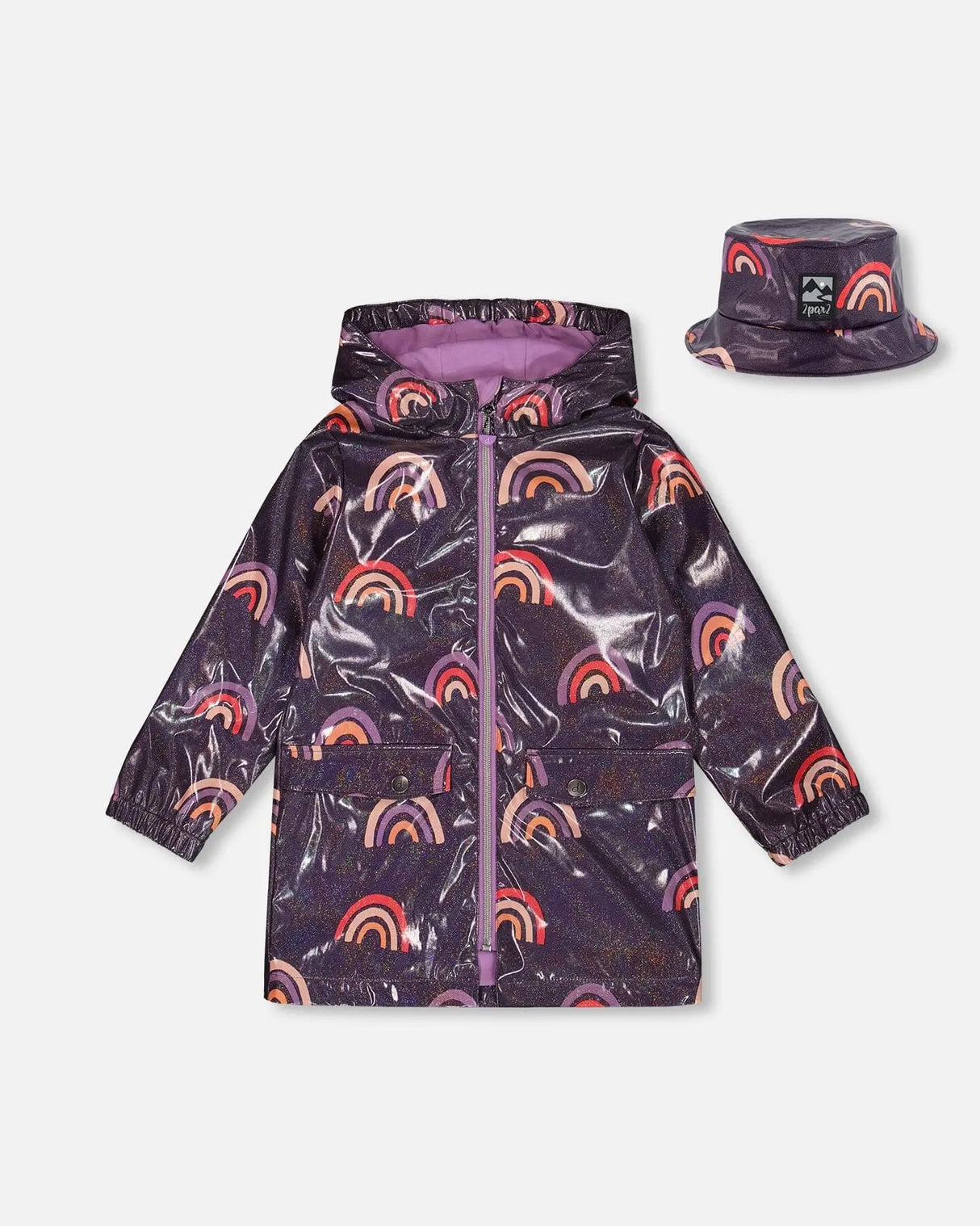 Printed Rain Coat With Hat Rainbow On Shiny Background | Deux par Deux | Jenni Kidz