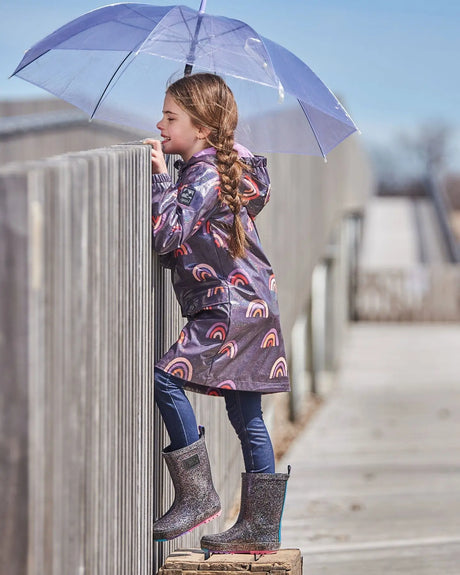 Printed Rain Coat With Hat Rainbow On Shiny Background | Deux par Deux | Jenni Kidz