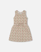 Printed Ribbed Dress With Waist Tie Small Flowers On White Background | Deux par Deux | Jenni Kidz