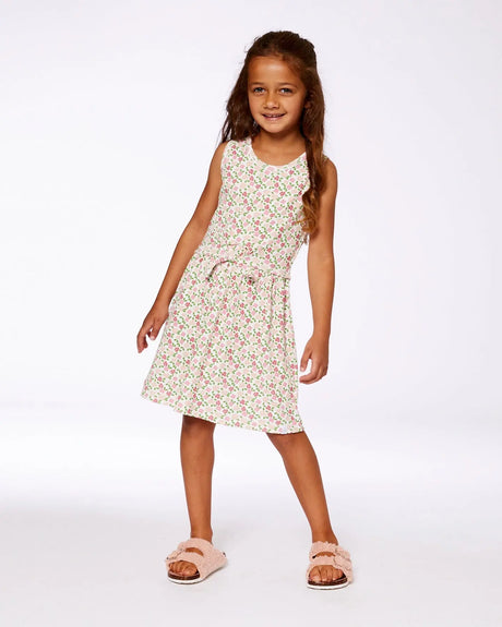 Printed Ribbed Dress With Waist Tie Small Flowers On White Background | Deux par Deux | Jenni Kidz