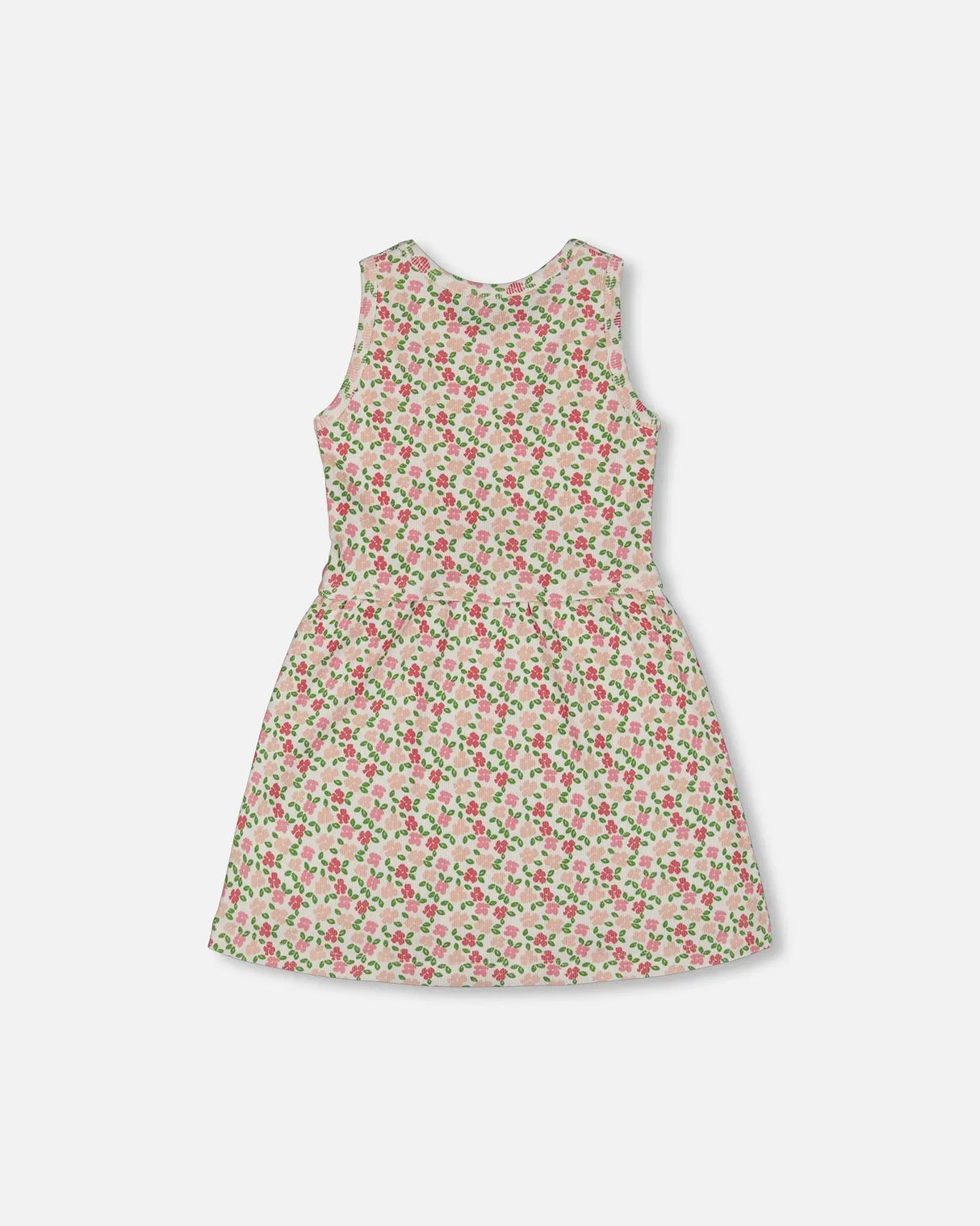 Printed Ribbed Dress With Waist Tie Small Flowers On White Background | Deux par Deux | Jenni Kidz